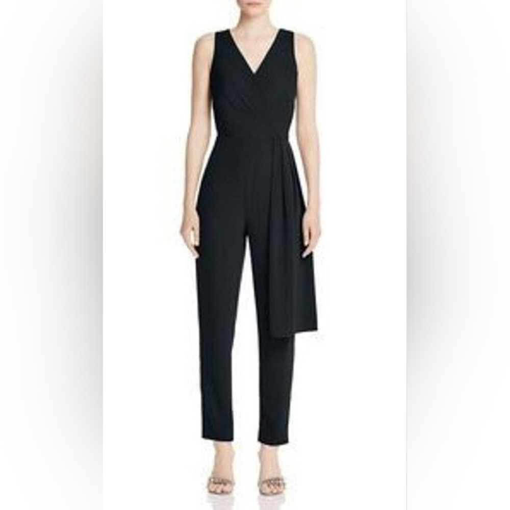 NWT Donna Karan Sleeveless Black Pleated Sash Surplice Jumpsuit Size 12